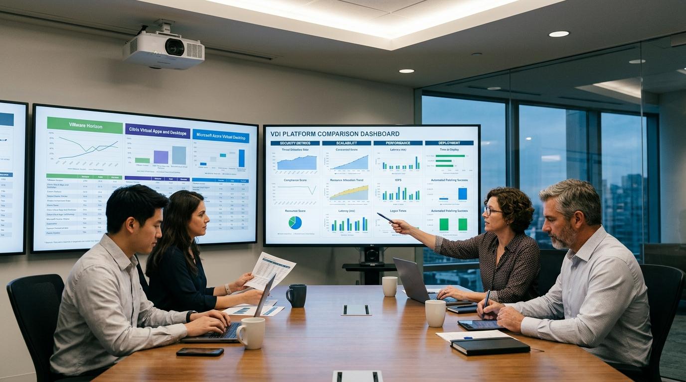 IT experts evaluating multiple virtual desktop platforms on analytics dashboards, comparing security, scalability, performance, and deployment features.