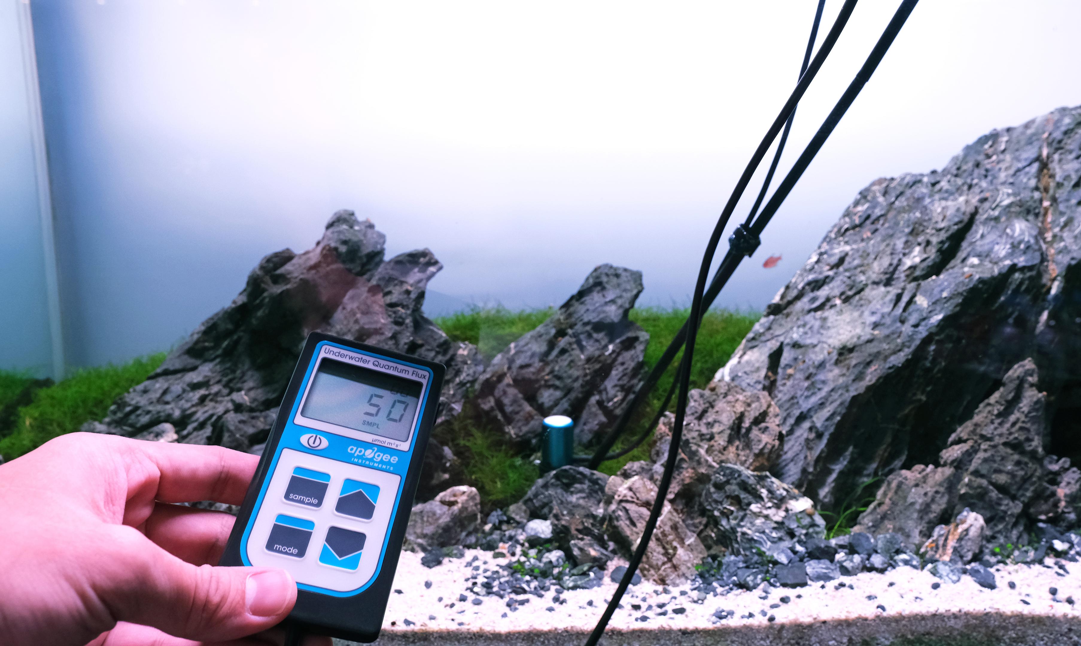 Measuring light levels with a PAR meter in a 2Hr Aquarist Iwagumi tank