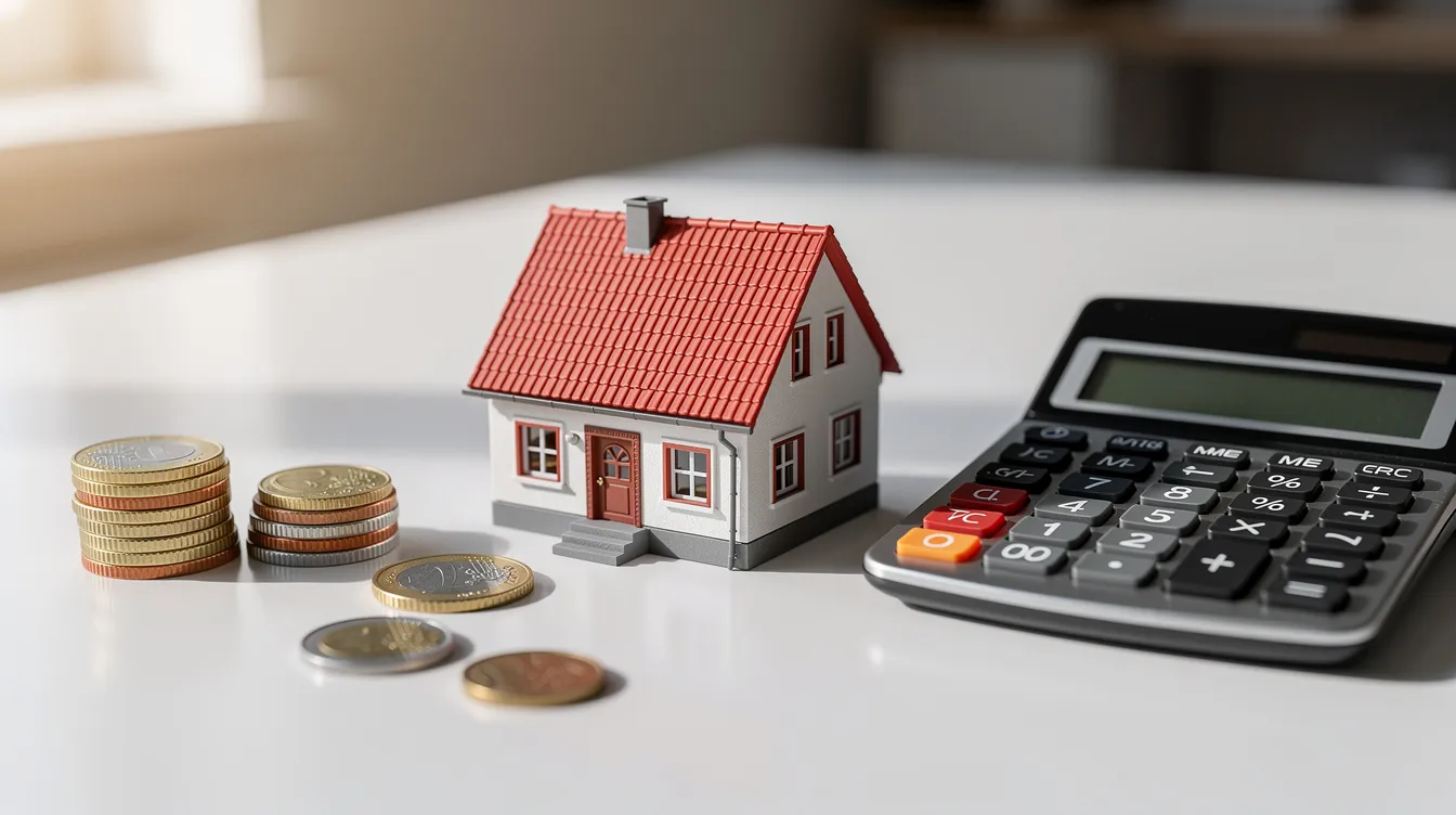 Das Bild zeigt ein kleines Modellhaus, das neben einem Taschenrechner und gestapelten Münzen platziert ist. Diese Anordnung könnte symbolisch für die Finanzplanung im Bereich der Immobilienfinanzierung stehen, insbesondere im Kontext von Themen wie "forward darlehen" und "zinsbindung".
