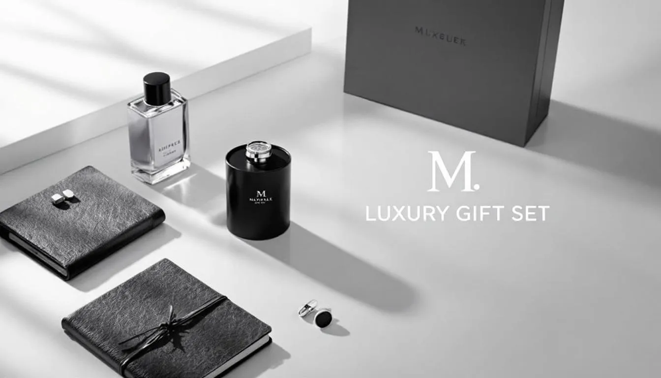 Een luxe cadeauset man met verschillende producten zoals parfum en accessoires.