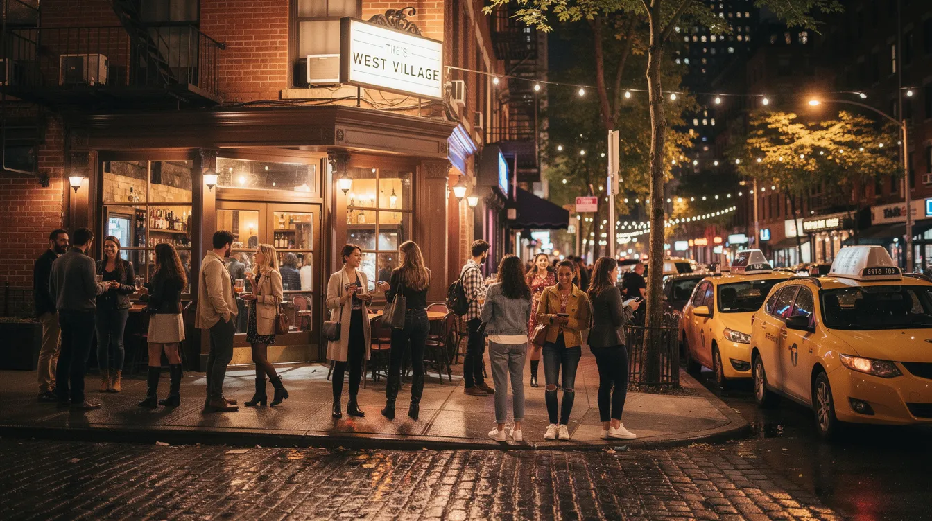 A lively scene outside a bar in the West Village, where a diverse group of people are mingling on the sidewalk, enjoying the night atmosphere filled with good vibes. The cozy setting features classic cocktails and a backdrop of white brick walls, as friends gather to socialize and grab drinks at this popular NYC nightlife spot.