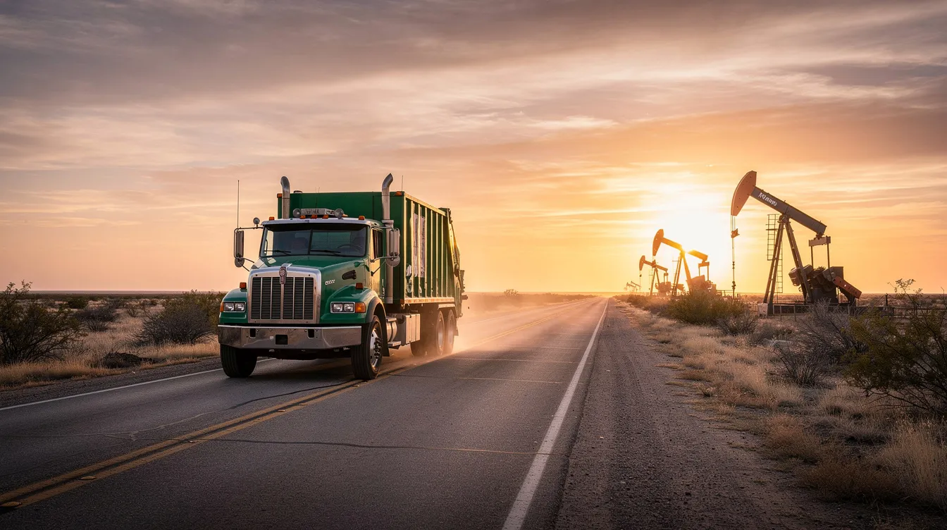 A garbage truck is parked on a dusty West Texas highway at sunrise, with oil derricks silhouetted against the colorful sky. This scene captures the starkness of the landscape, which is often associated with trucking companies and the potential for truck accidents that can lead to serious injuries and personal injury claims for accident victims.