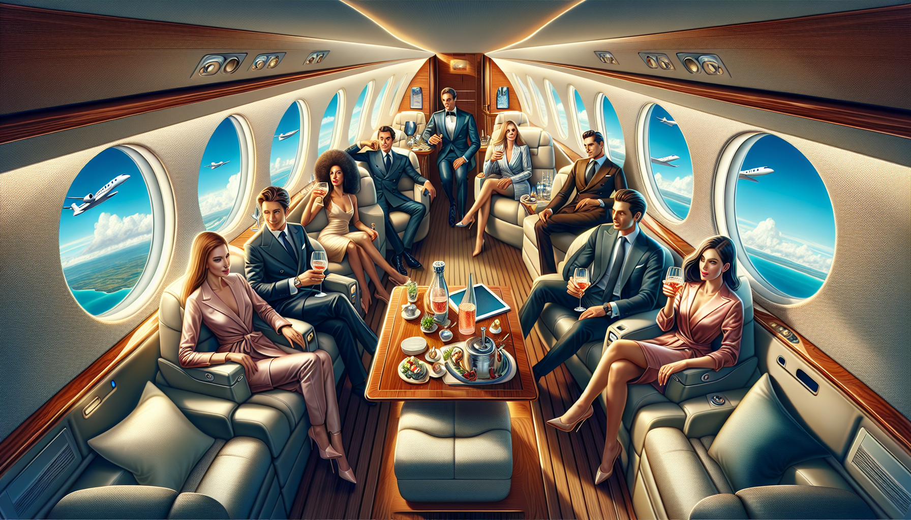 Illustration of passengers enjoying privacy and luxury inside a private jet