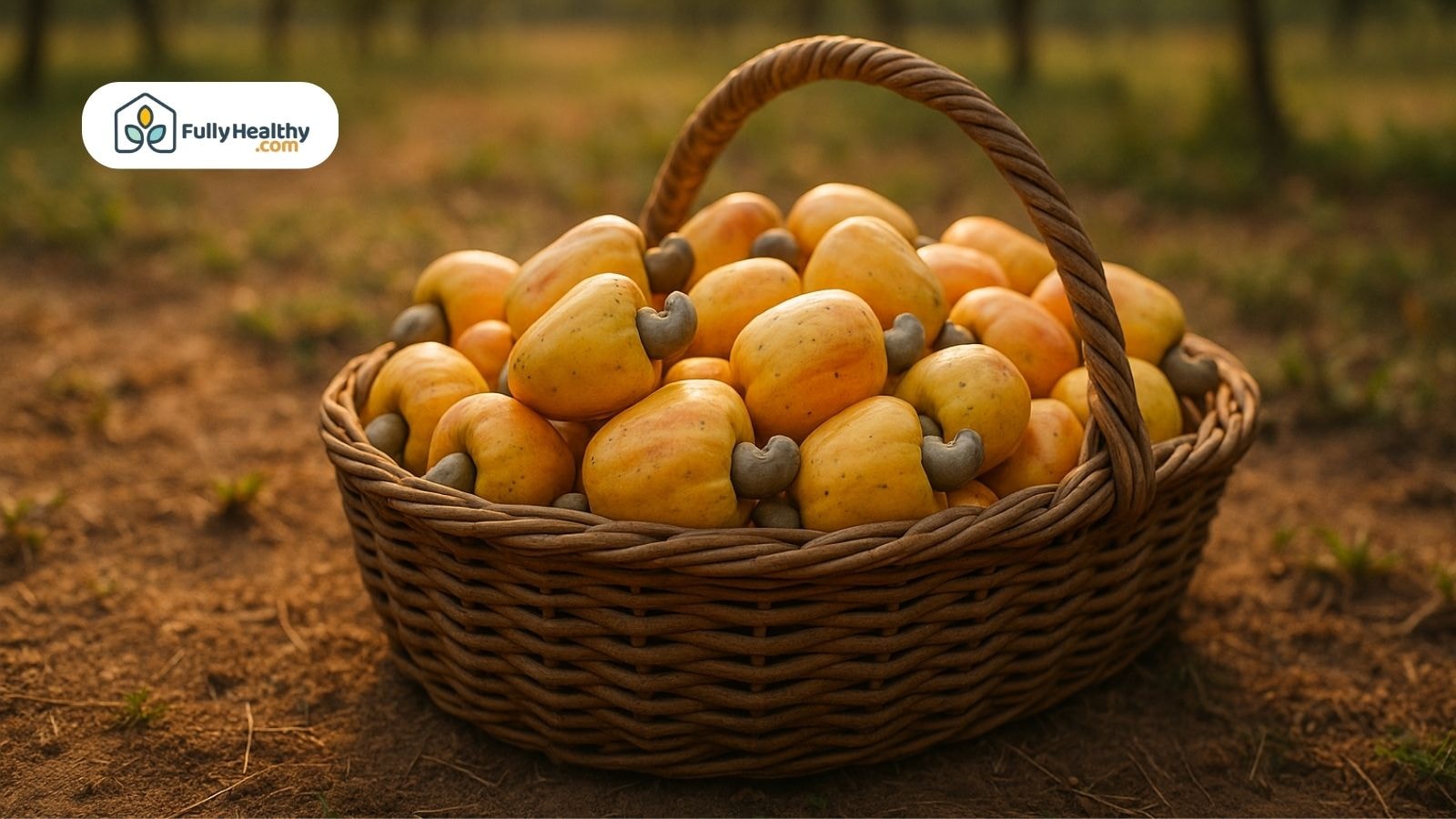 Basket full of cashew apples with attached cashew nuts growing outside the fruit.