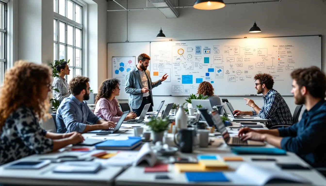 The image depicts a diverse group of professionals collaborating in a modern office, discussing digital marketing strategies tailored for various businesses. They are focused on creating innovative digital marketing solutions to enhance brand visibility and meet specific business goals.