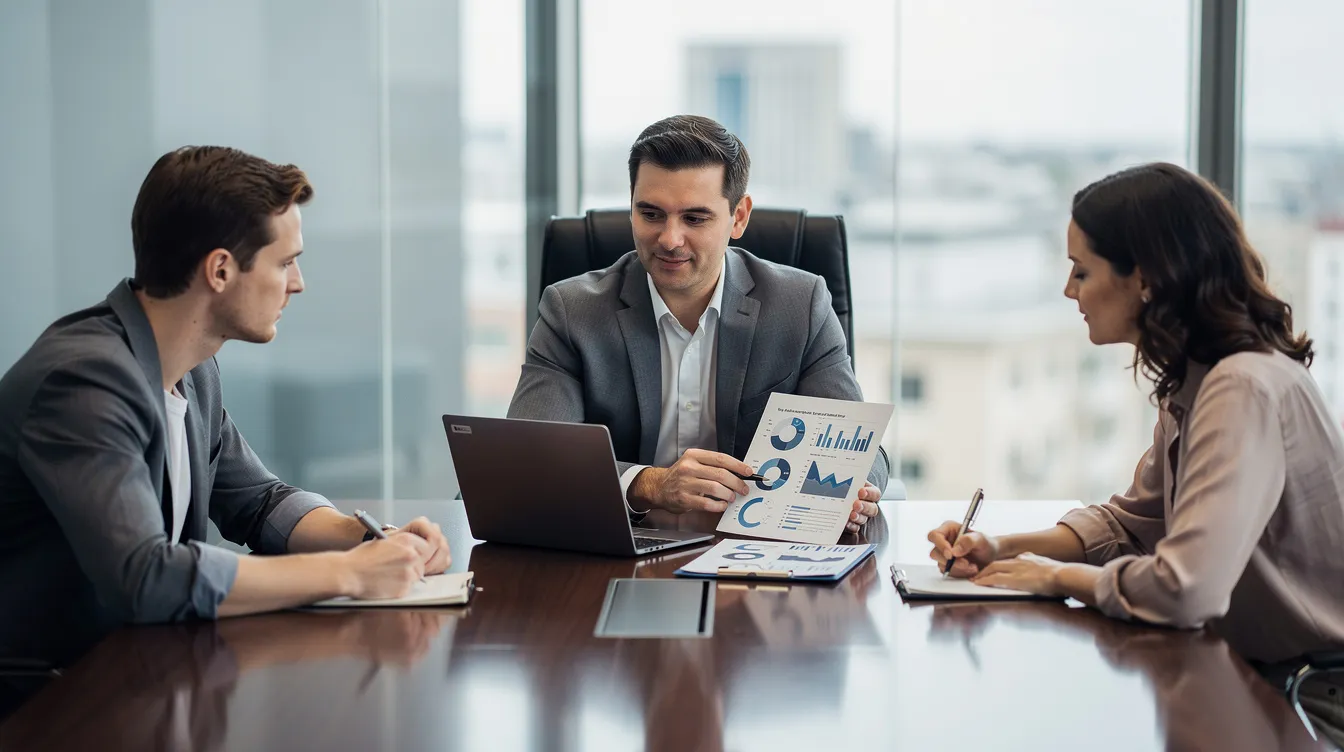 A professional financial advisor is seated at a conference table with clients, discussing various life insurance options, including whole life insurance and universal life policies, to help build wealth and provide financial security for future generations. The atmosphere is collaborative as they explore strategies for utilizing life insurance proceeds and cash value accumulation for estate planning and retirement income.