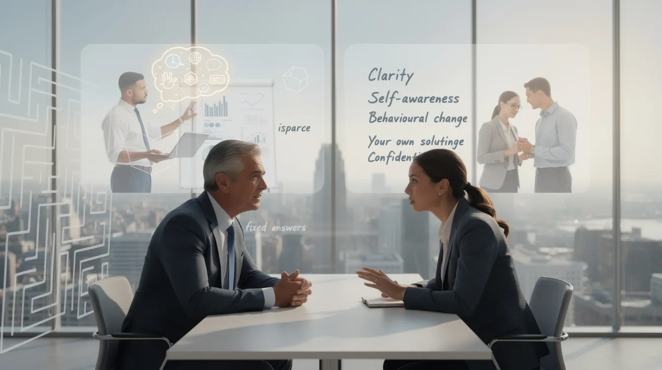 The image illustrates a serene and professional coaching environment where senior leaders engage in executive coaching sessions, focusing on personal and professional growth. The setting emphasizes self-awareness and emotional intelligence, providing a supportive space for leaders to navigate complexity and develop their leadership presence through insightful discussions.