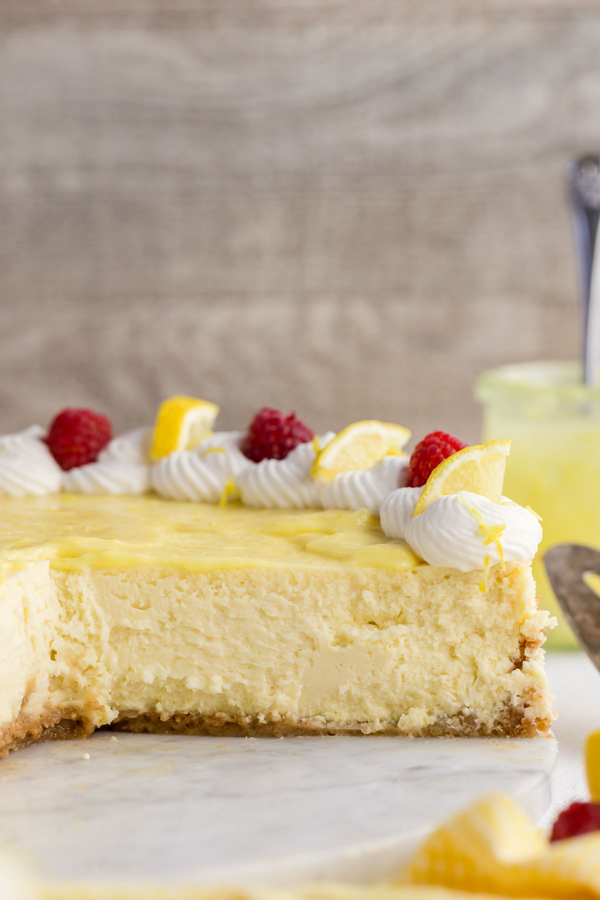 lemon cheesecake with a slice missing