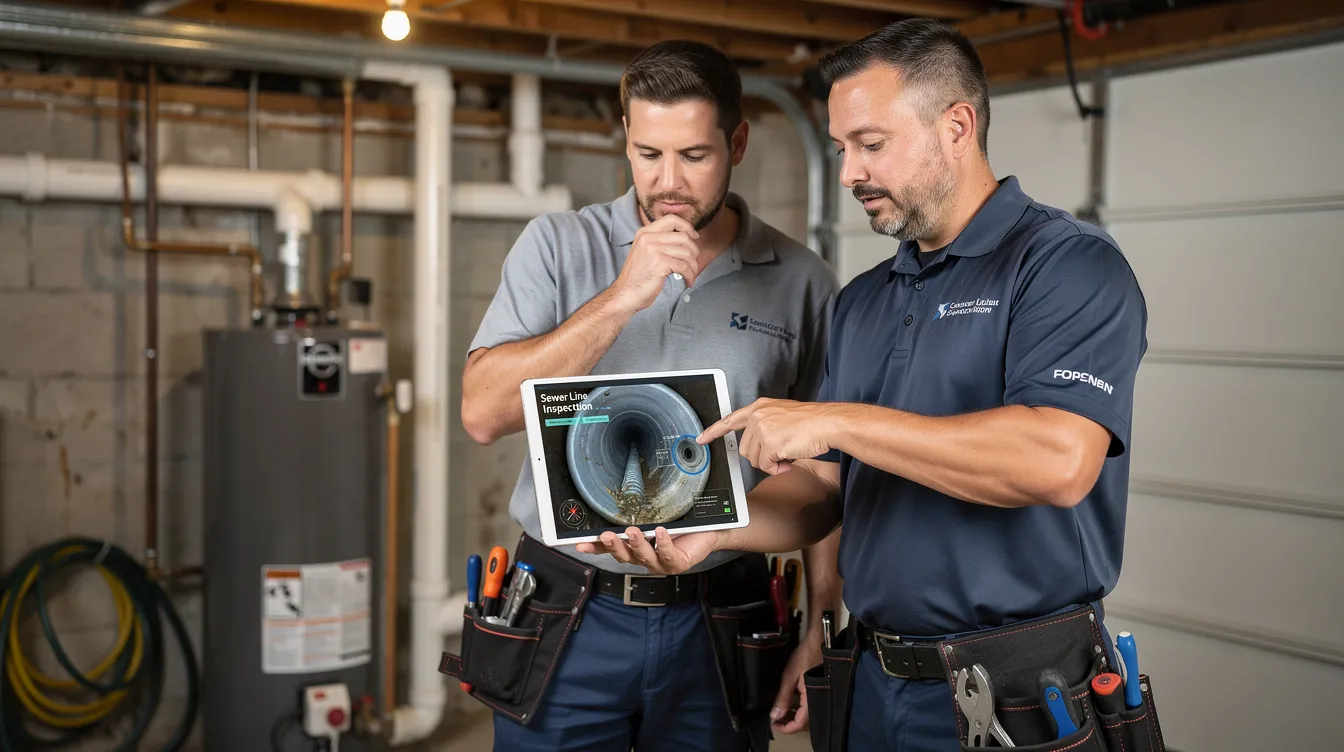 A homeowner and a plumber are reviewing sewer inspection footage on a tablet, discussing the condition of the cast iron pipes in the home's plumbing system. The footage highlights potential issues like slow drainage and stubborn blockages within the existing sewer line.