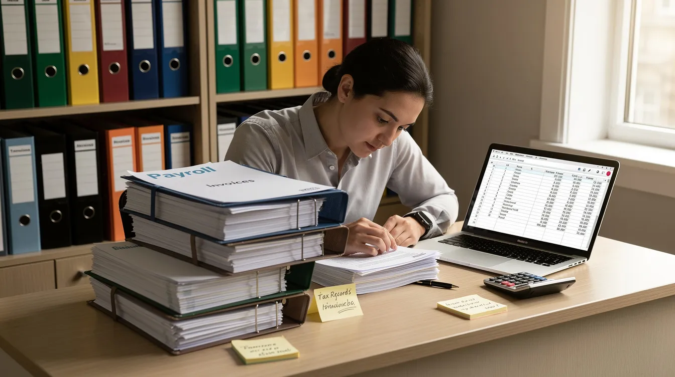 A small business owner is seen organizing payroll documents and financial records on a desk, highlighting the importance of managing employee retention tax credits and qualified wages for eligible employers. The scene emphasizes the meticulous process of ensuring compliance with IRS requirements and maximizing potential tax refunds through programs like the Employee Retention Credit (ERC).