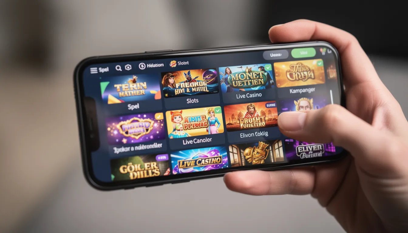 En smartphone visar ett casino-gränssnitt där en person scrollar genom ett brett spelutbud, inklusive slots och live casino, hos Winlandia. Skärmen är fylld med olika spelalternativ och erbjuder en användarvänlig upplevelse för spelare som vill spela ansvarsfullt.