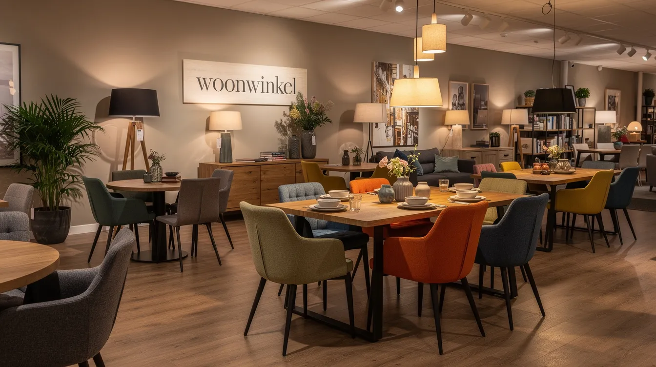In een sfeervolle woonwinkel zijn verschillende eetkamerstoelen opgesteld rondom eettafels, met warme verlichting die een uitnodigende sfeer creëert. De houten eetkamerstoelen zijn beschikbaar in diverse kleuren en varianten, perfect voor jouw interieur en ideaal voor urenlang comfortabel tafel zitten.