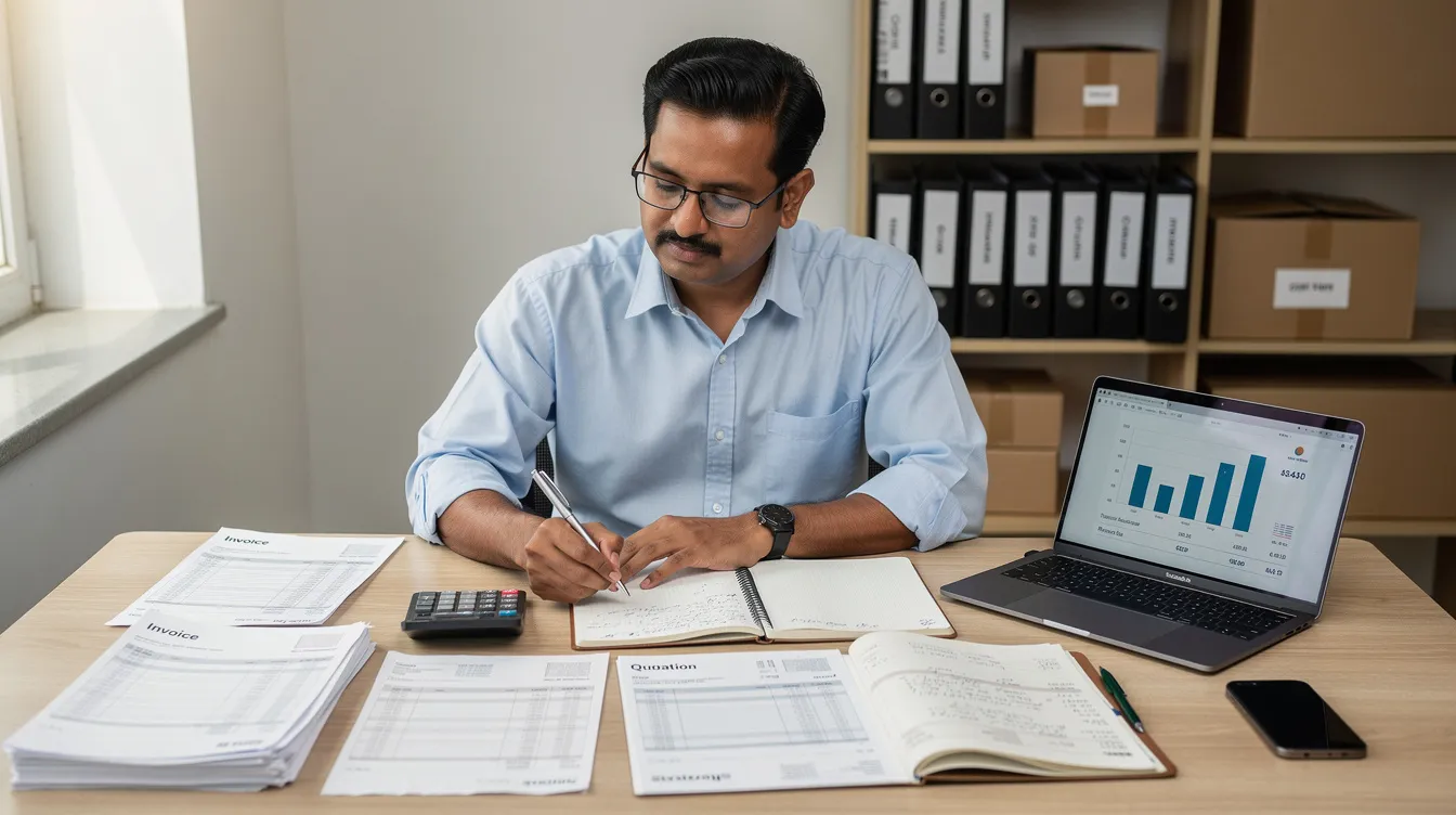 dfbeba9d 5030 4962 b142 c69f4d6a8b83 An Indian small business owner is seated at a desk, intently reviewing financial documents and quotations, which may include details for a project report related to a mudra loan application. The scene conveys a focus on business planning and financial analysis essential for securing funding and managing operations effectively.