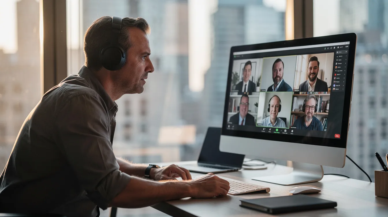 A professional man in his early 40s sits at a minimalistic home office desk in a luxury Manhattan apartment, engaged in a group therapy video call with six other men displayed on the screen. Warm afternoon light illuminates his attentive expression as he leans forward, wearing headphones and a casual button-down shirt, with blurred city buildings visible through the large window behind him.