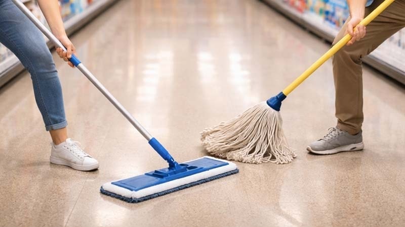 Microfiber vs cotton mop in a supermarket