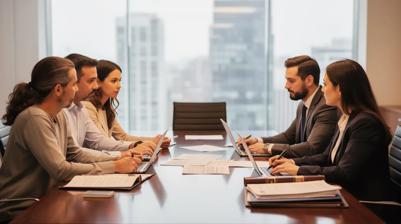 A family is gathered in a conference room with legal professionals, discussing a medical malpractice claim. They are seeking legal guidance on the settlement process for their case, which may involve future medical expenses and emotional distress due to healthcare provider negligence.