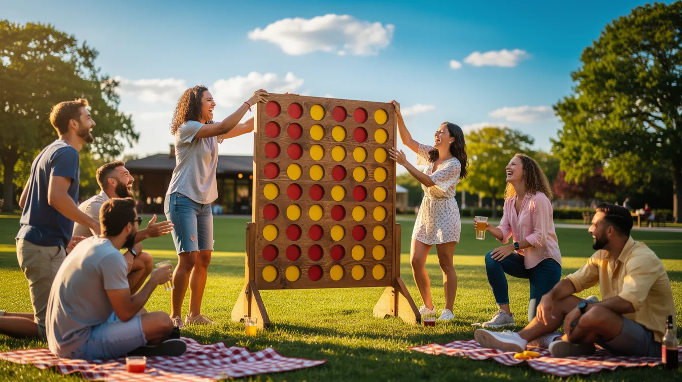 A group of friends is enjoying a sunny afternoon playing a large Connect Four game on a green lawn, surrounded by outdoor spaces. The atmosphere is lively and fun, as they engage in this traditional board game, perfect for outdoor use, while a light breeze adds to the pleasant experience.