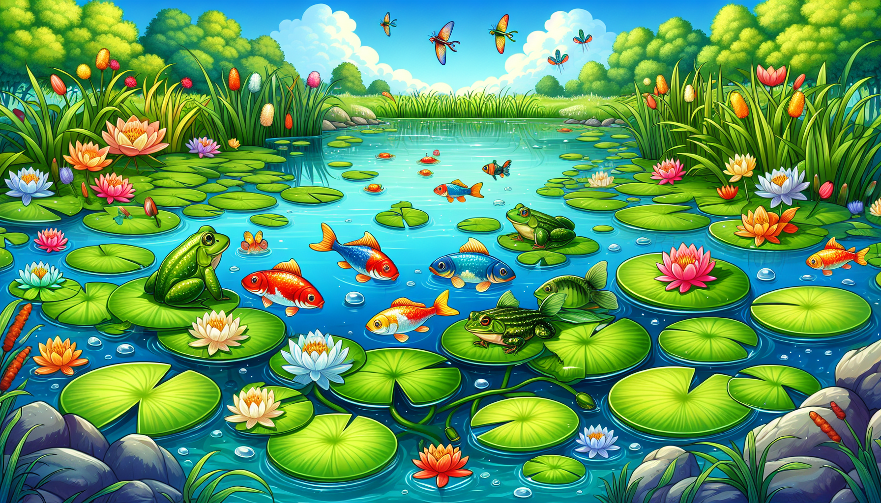 Illustration of a pond with happy fish