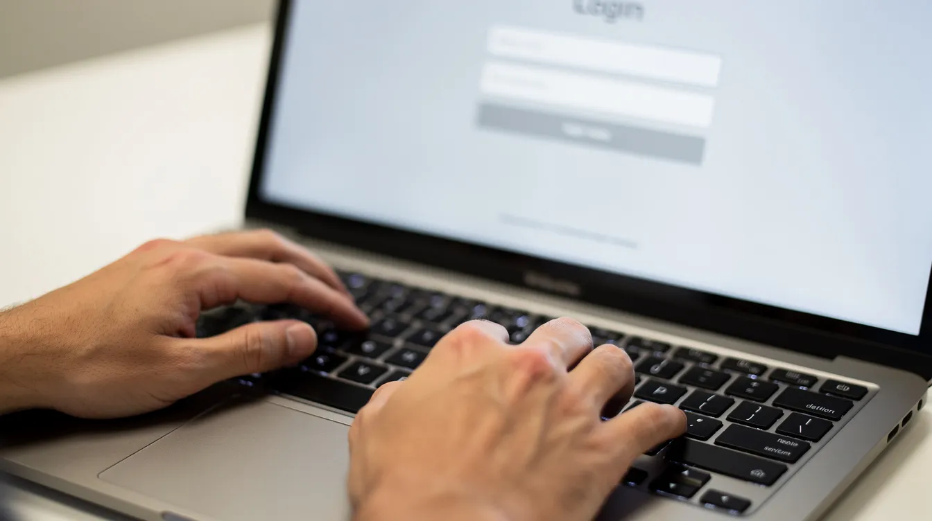 Die Hände einer Person tippen auf einer Laptop-Tastatur, während im Hintergrund ein unscharfer Bildschirm mit Login-Feldern für Benutzername und Passwort zu sehen ist. Diese Szene vermittelt den Eindruck eines Zugriffs auf ein System, möglicherweise für Studenten oder Mitarbeiter, die sich in ihr Konto einloggen möchten.