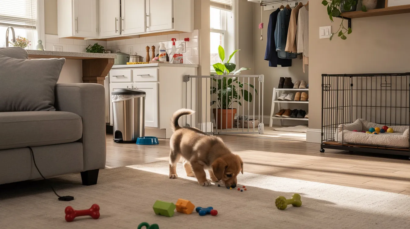 The image depicts a cozy living room that has been thoughtfully puppy proofed, showcasing a safe environment for a curious puppy. Key elements include secured electrical cords, blocked access to trash cans, and chew toys placed within the puppy's reach, ensuring a space that promotes good behavior and protects the new family member from potential hazards.