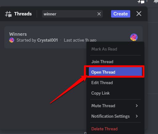 Picture showing the Open Thread option for archived threads on Discord