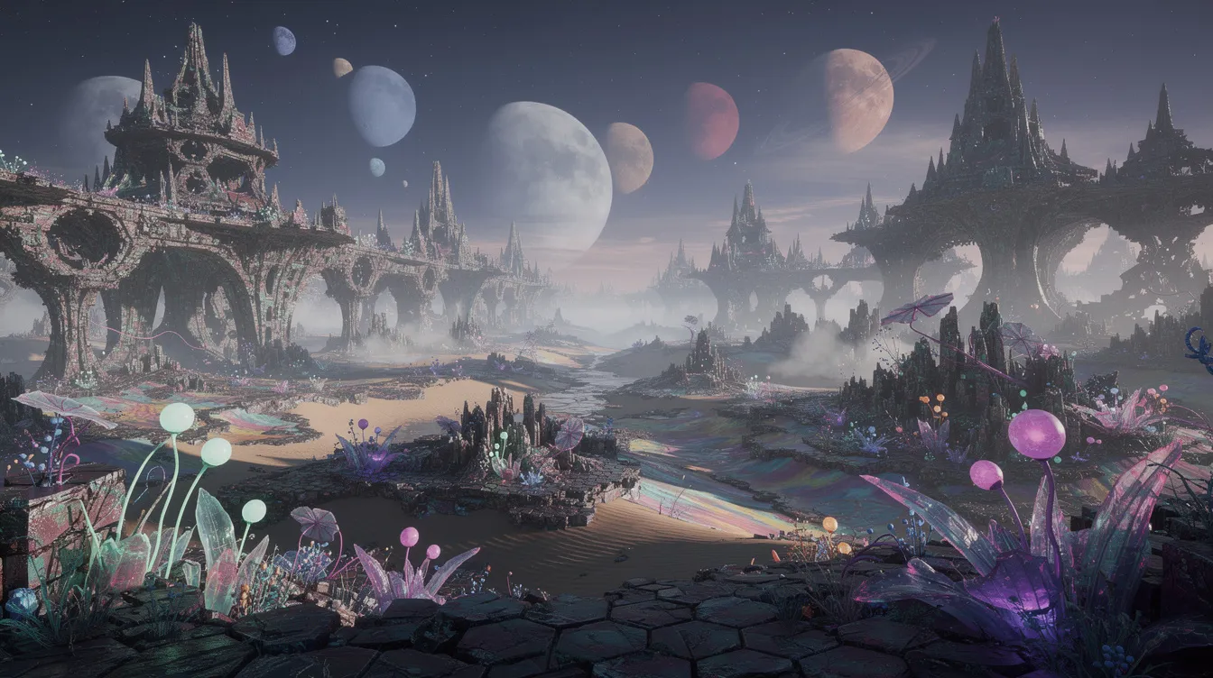 The image depicts a vast procedurally generated alien landscape featuring unique rock formations and exotic plants, with multiple moons illuminating the sky above. This imaginative environment showcases the potential of AI in video game development, particularly in world building and creating dynamic game worlds.