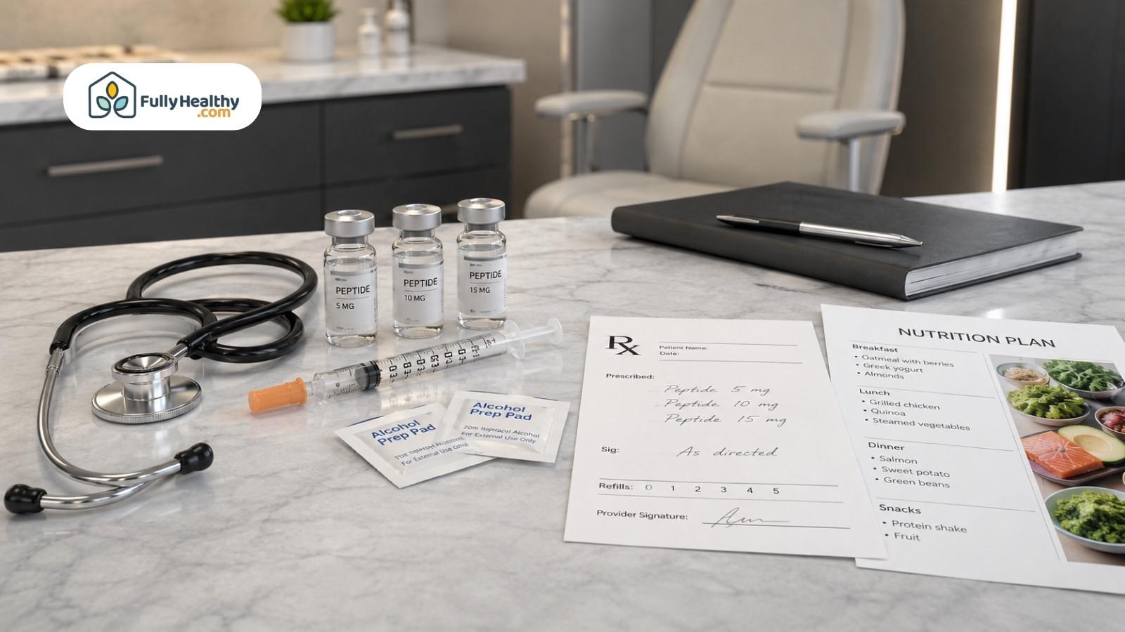 Peptide vials with prescription, stethoscope, syringe, and nutrition plan on clinic table