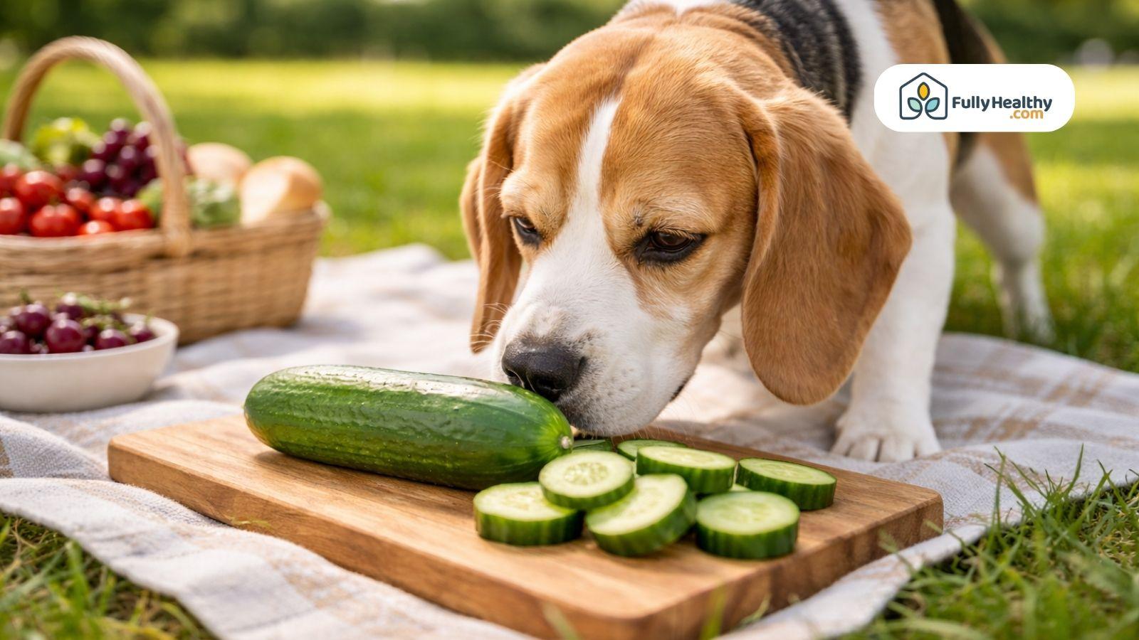Beagle sniffing whole cucumber and cucumber slices on picnic blanket outdoors