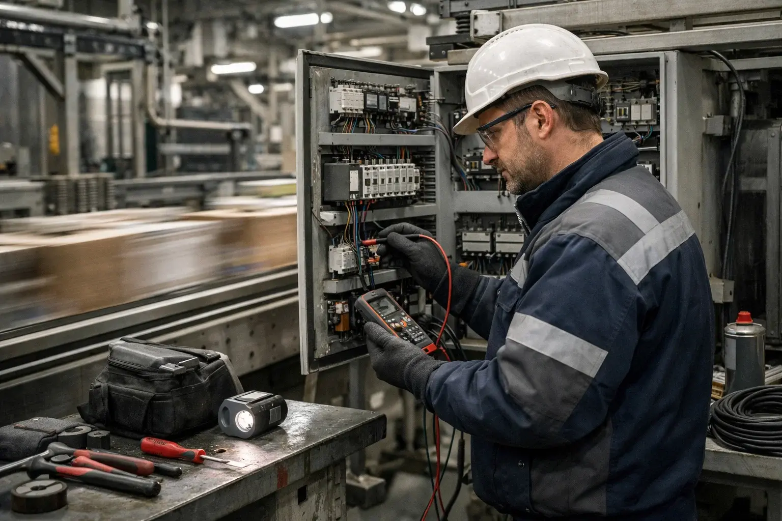Engineer performing electrical maintenance on a production line to prevent downtime in manufacturing