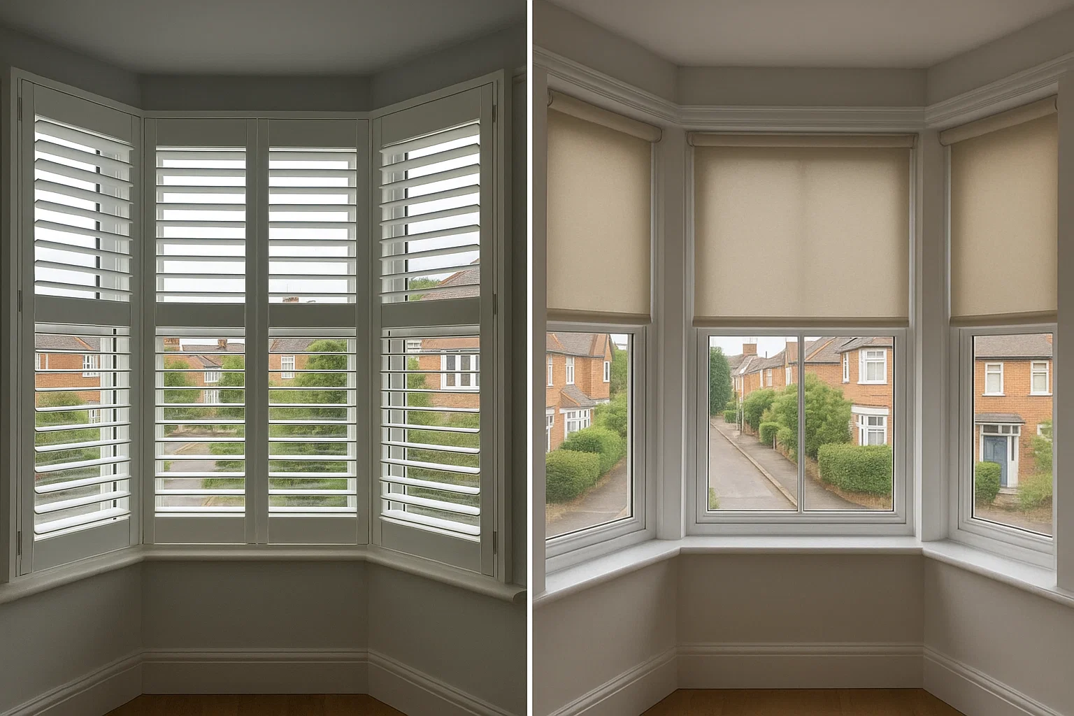 Bay window with shutters compared to a bay window with blinds in UK homes