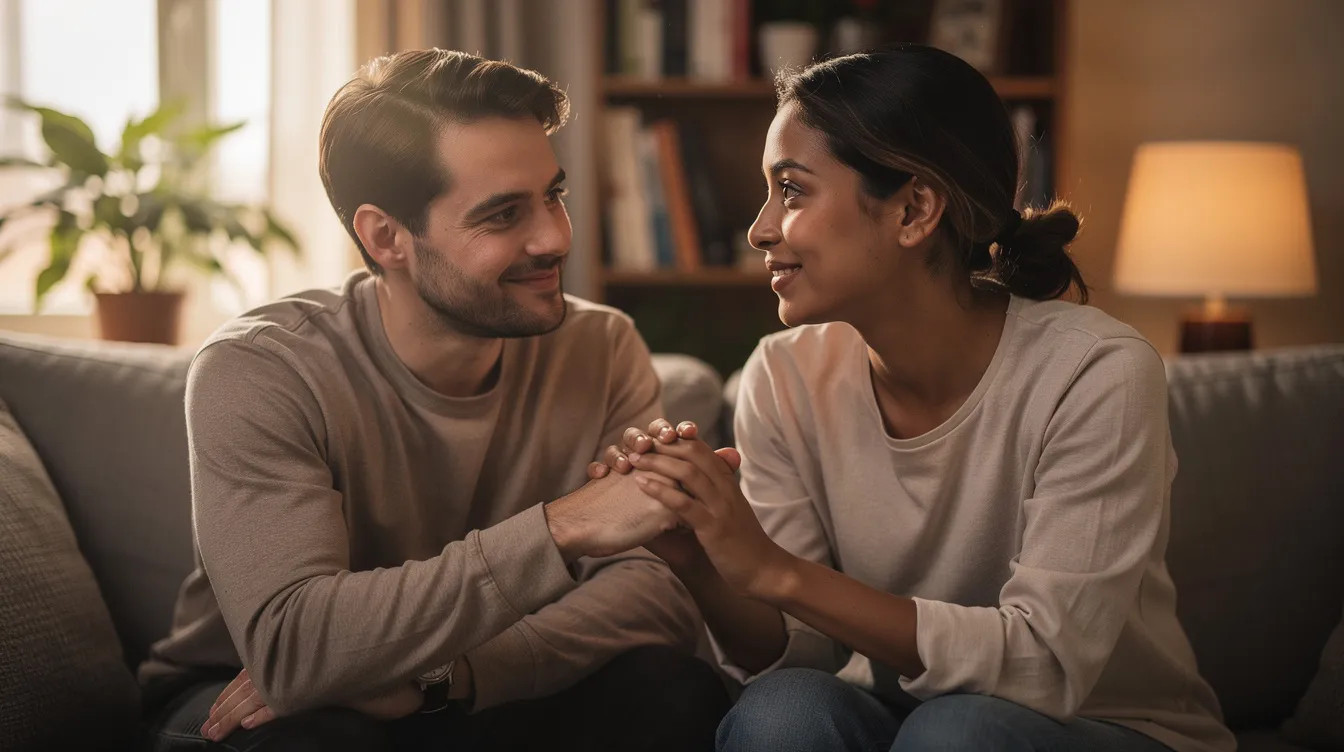 The image depicts two people sitting together, holding hands and engaging in a calm, supportive conversation. Their body language conveys trust and understanding, emphasizing the importance of honest communication in managing relationship anxiety and fostering emotional well-being.
