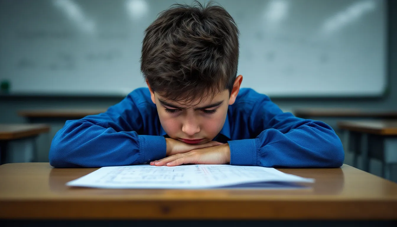 Ein Schüler sitzt an einem Tisch in einem Klassenzimmer und schaut frustriert auf sein Prüfungsblatt, das mit roten Korrekturen versehen ist. Diese Szene verdeutlicht die Herausforderungen und Belastungen, die Kinder beim Lernen und in der Schule erleben können, insbesondere wenn sie mit gesundheitlichen Beeinträchtigungen konfrontiert sind.