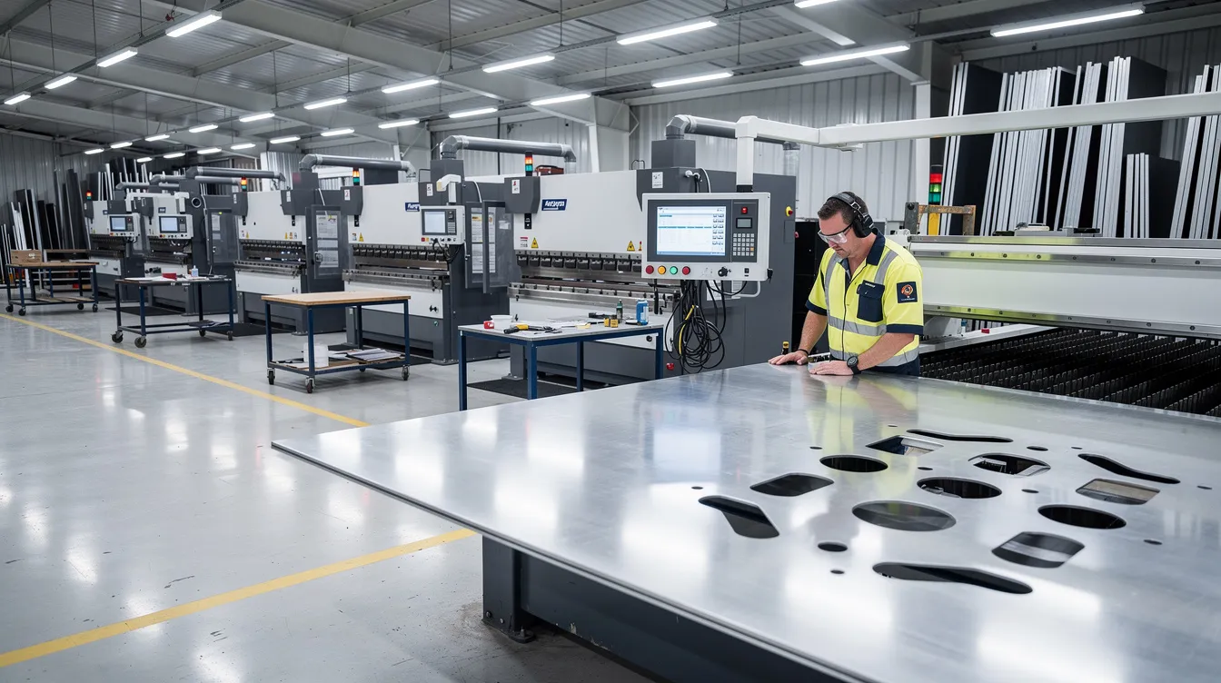 The image depicts the interior of a modern sheet metal fabrication shop, showcasing various CNC machines and a technician inspecting a flat panel. The environment is equipped with tools for metal shaping, including a propane torch and shrinking hammers, emphasizing the intricate shrinking process involved in metal finishing.