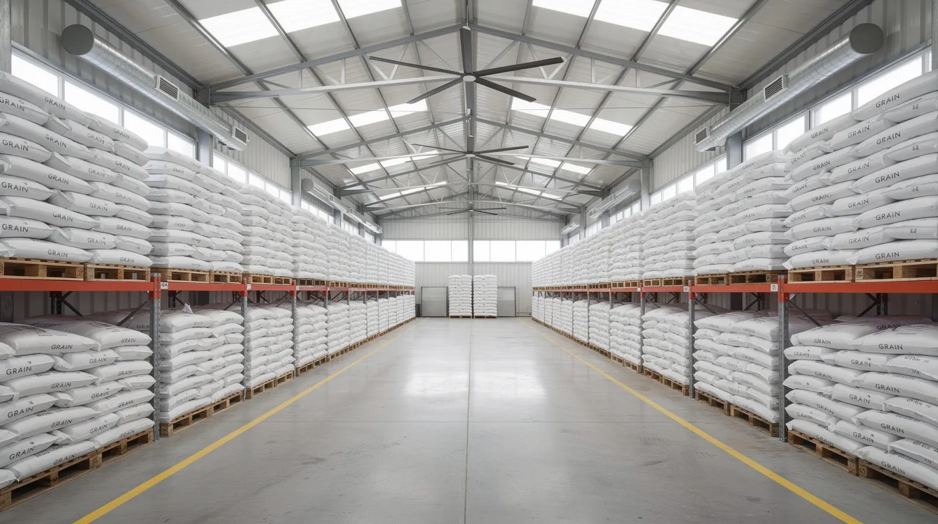 dfd85071 a2d4 47ce 9ec5 d69aa7a2a98e The image depicts the interior of a grain warehouse, showcasing neatly stacked bags of grain arranged in organized rows, with ample aisle spacing and ventilation for optimal storage conditions. This setup highlights the importance of agricultural storage capacity and infrastructure in managing post-harvest agricultural produce efficiently.