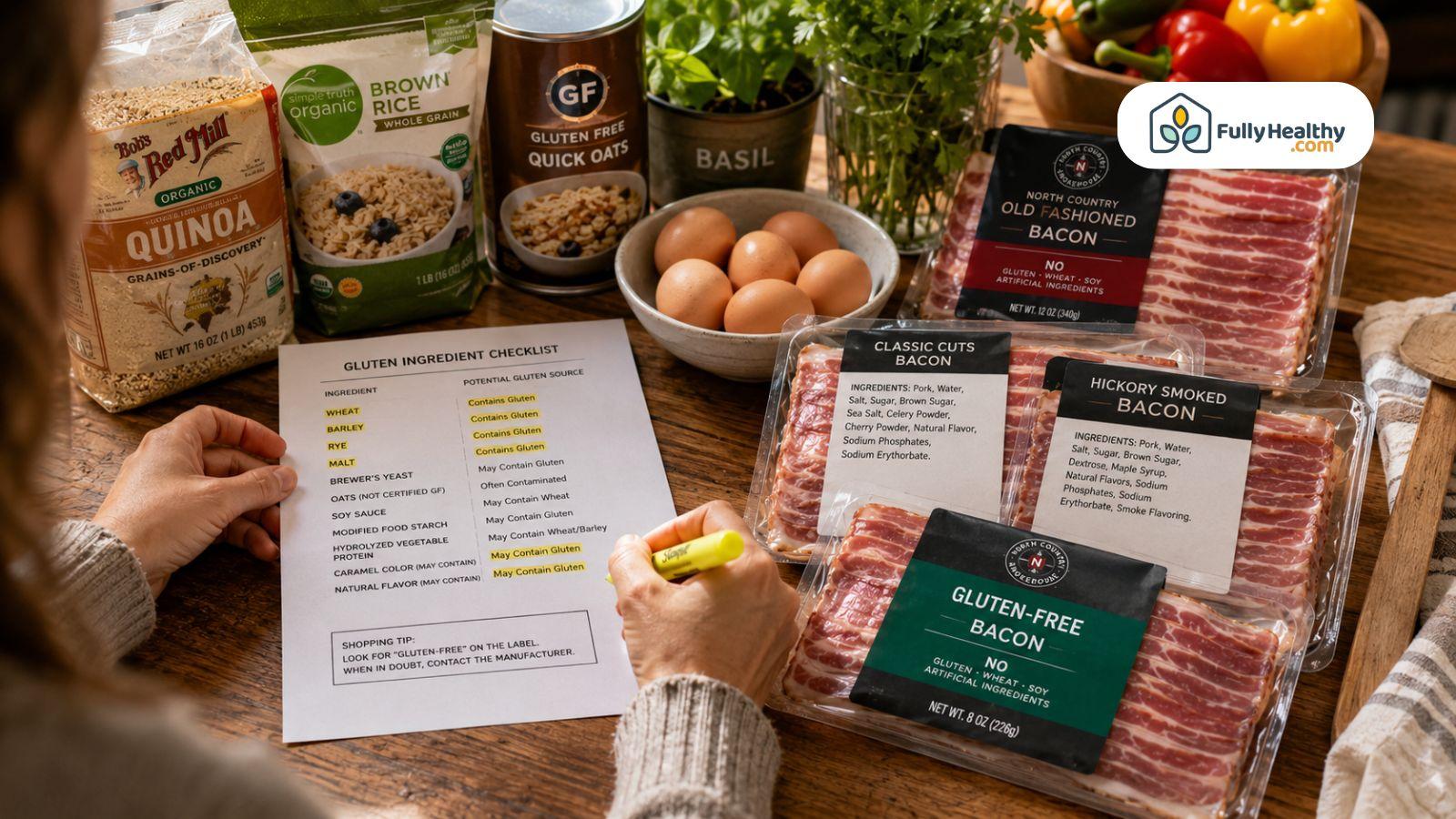 Comparing bacon labels using gluten ingredient checklist before choosing safer gluten free options