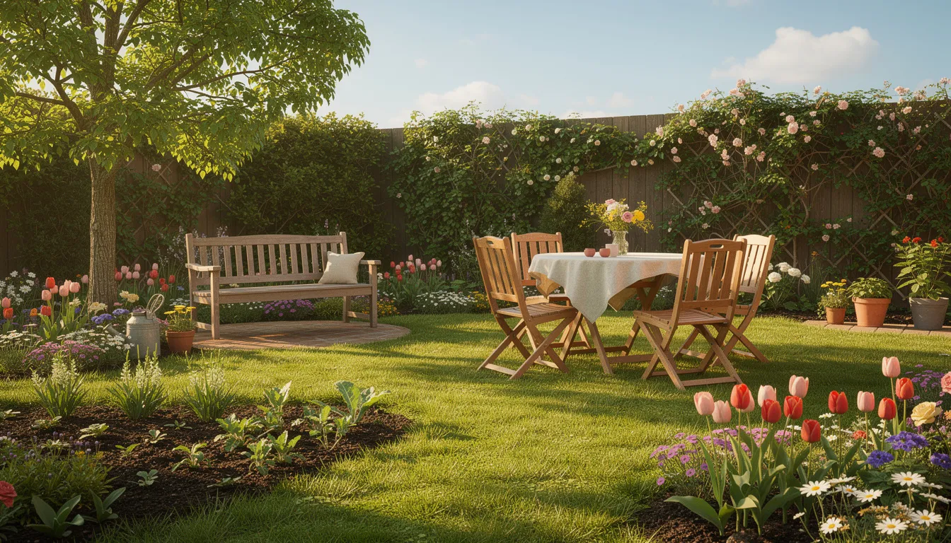 The image depicts a lush green lawn bathed in late spring sunshine, surrounded by a vibrant family garden, showcasing healthy grass growth and an inviting atmosphere for outdoor activities. This scene emphasizes the beauty of spring lawn care, highlighting the importance of regular maintenance for a thriving yard.