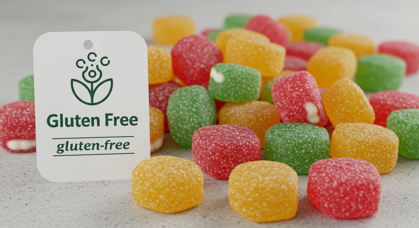 An assortment of colorful Swedish candies arranged beside a gluten-free card