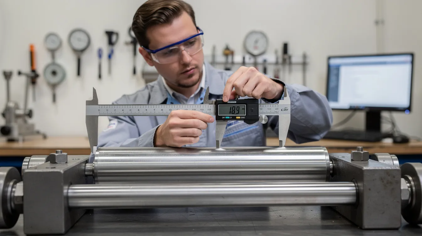 An engineer is using calipers to measure the diameter of a long cylindrical metal workpiece in a quality control area, ensuring it meets the precise specifications required for deep hole drilling processes. The scene highlights the importance of accuracy in machining processes, particularly for producing highly accurate holes in tough materials.
