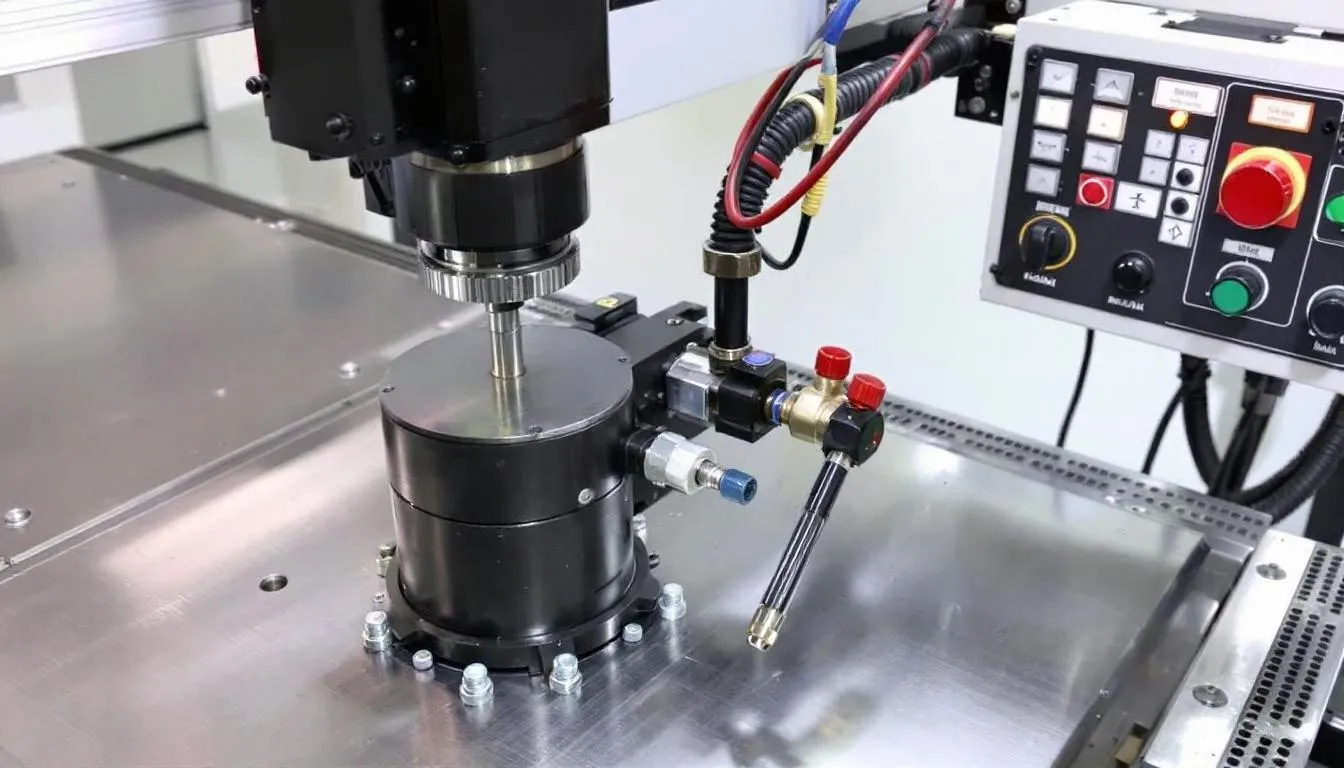 An air vise is mounted on a CNC machine table, showcasing its pneumatic connections and control panel, which allow for easy operation and precise clamping force. The image highlights the actual product appearance, including the jaw width and opening specifications that differ based on the model.