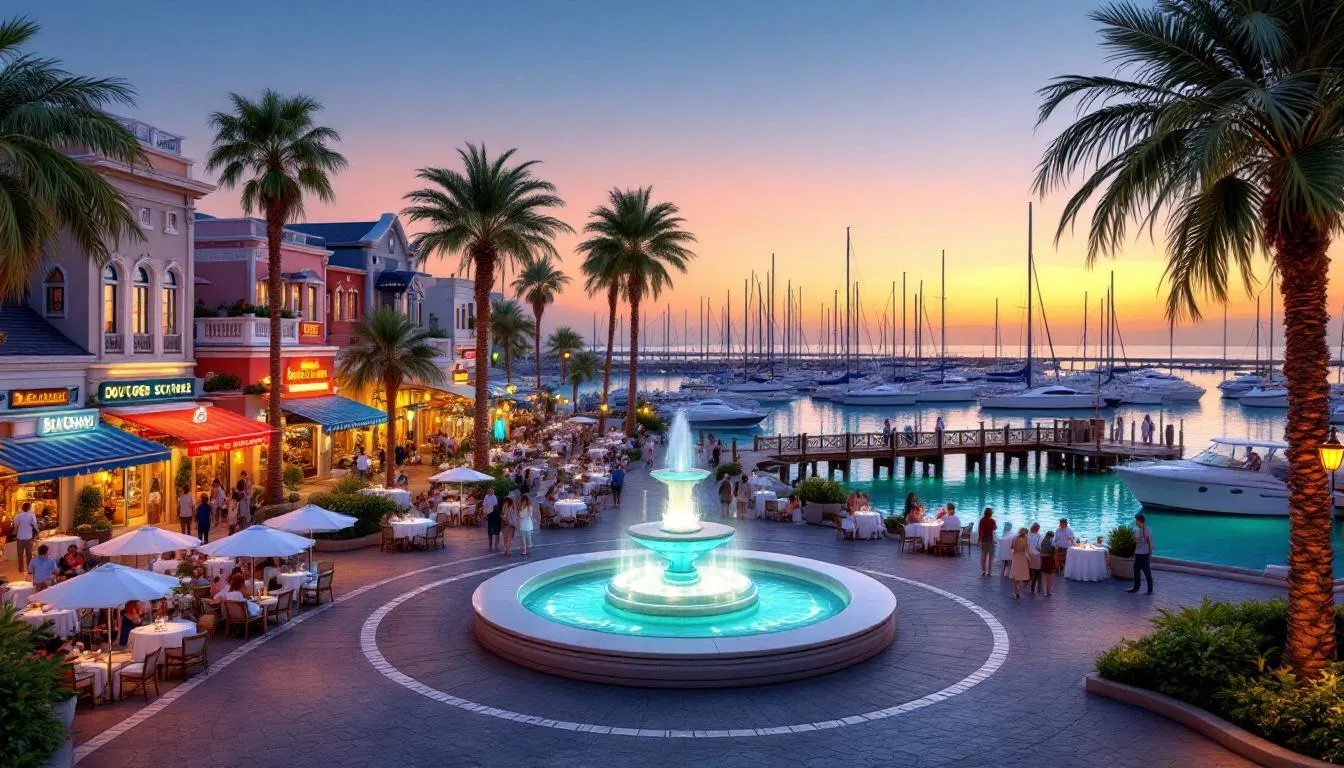 The image depicts the vibrant Marina Village shopping and dining area in Cape Coral, featuring waterfront views of the Caloosahatchee River. Surrounded by lush tropical landscaping, this community offers boutique shops and fine dining options, creating a resort-style atmosphere for residents and visitors alike.