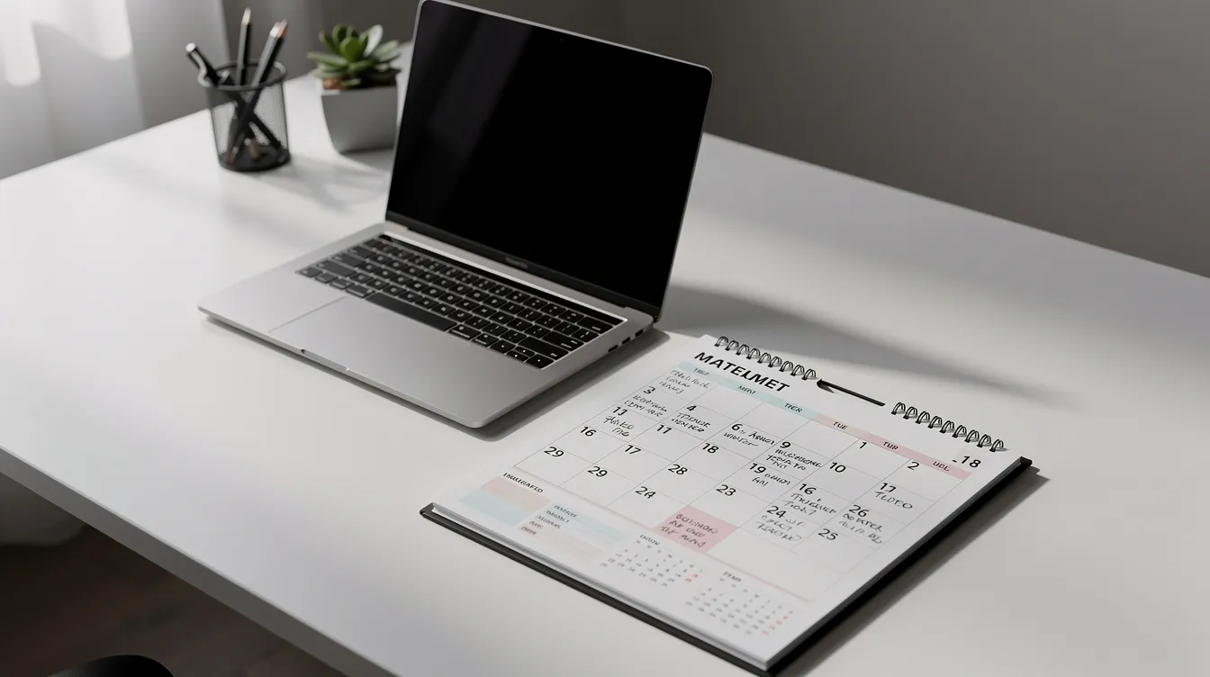 A desktop calendar planner sits next to a laptop computer on a tidy office desk, creating an organized workspace ideal for managing tasks and schedules. This setup reflects a professional environment, perfect for HVAC companies and local SEO services focusing on efficiency and productivity.