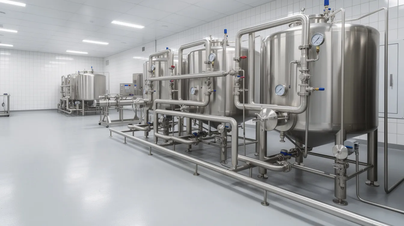 dfddca3a e3ed 4f0c a887 1b2d3a5c1017 The image depicts a clean factory hall filled with industrial stainless steel dairy processing equipment, including large tanks and interconnected pipes, essential for ice cream manufacturing. This setup highlights the advanced manufacturing process and quality control measures necessary for large-scale production of frozen desserts.