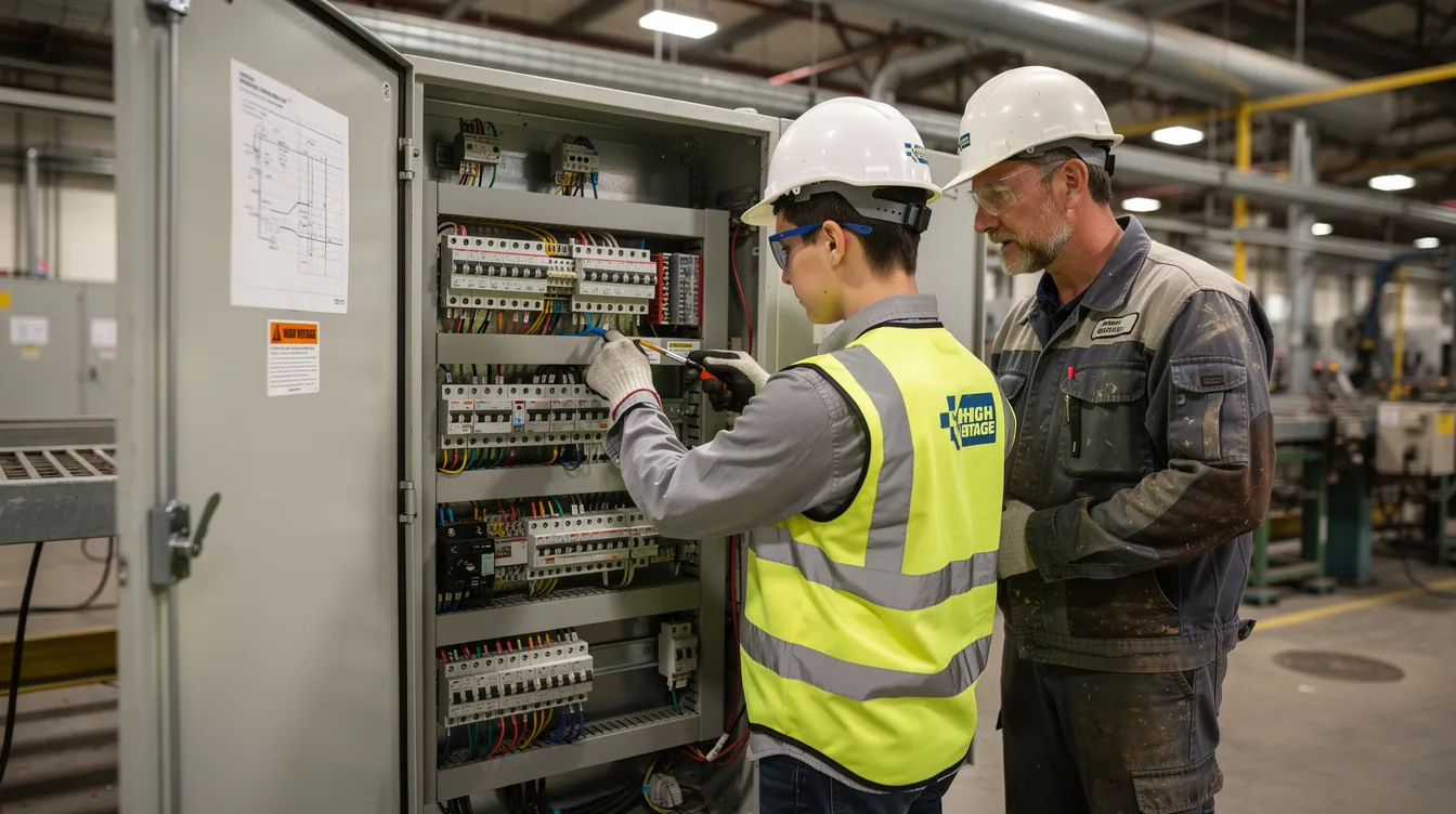 An electrician apprentice is working under supervision on an electrical panel in an industrial setting, demonstrating skills essential for their training in electrical systems. This hands-on experience is part of their apprenticeship program, which prepares them for a career in the construction industry.