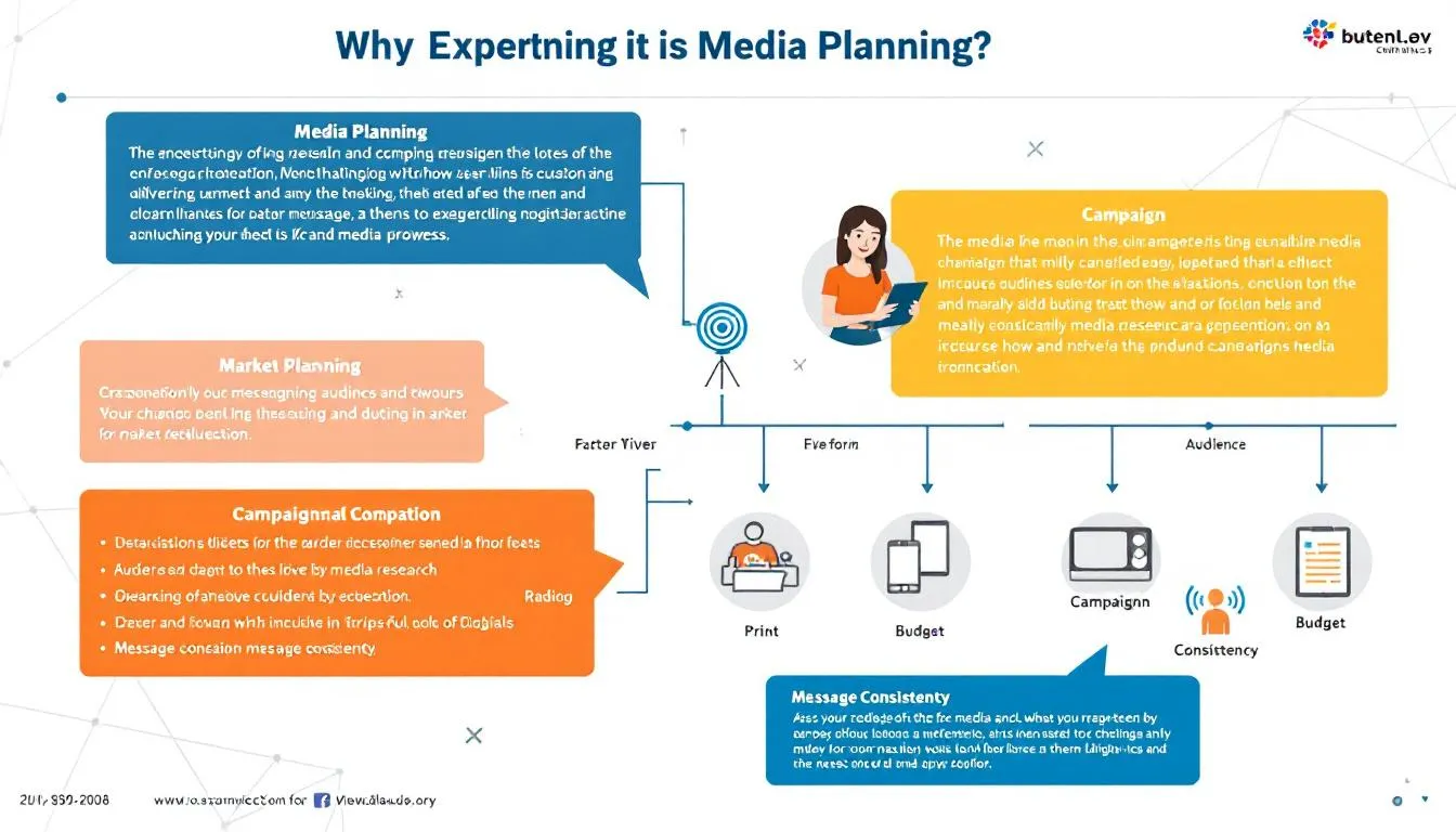 The image illustrates the significance of media planning in advertising campaigns, showcasing a diverse team of professionals from an advertising agency collaborating on a strategic marketing strategy. They are engaged in discussions around data analytics and creative concepts to effectively reach their target audience and drive sales for their clients.