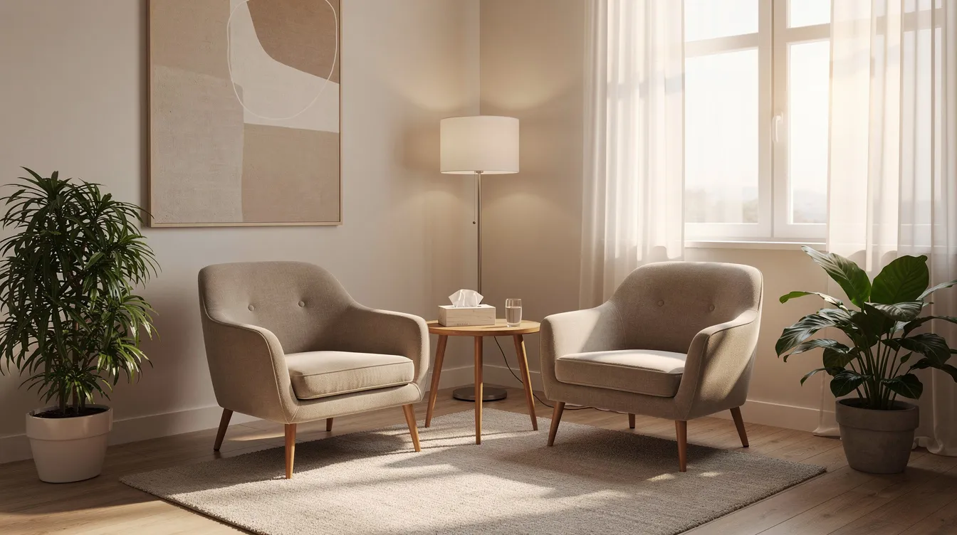 The image depicts a serene therapy room filled with natural light, featuring comfortable chairs arranged for psychosocial treatment sessions. This inviting environment is designed to support mental health and facilitate effective interventions for individuals dealing with mental health disorders.