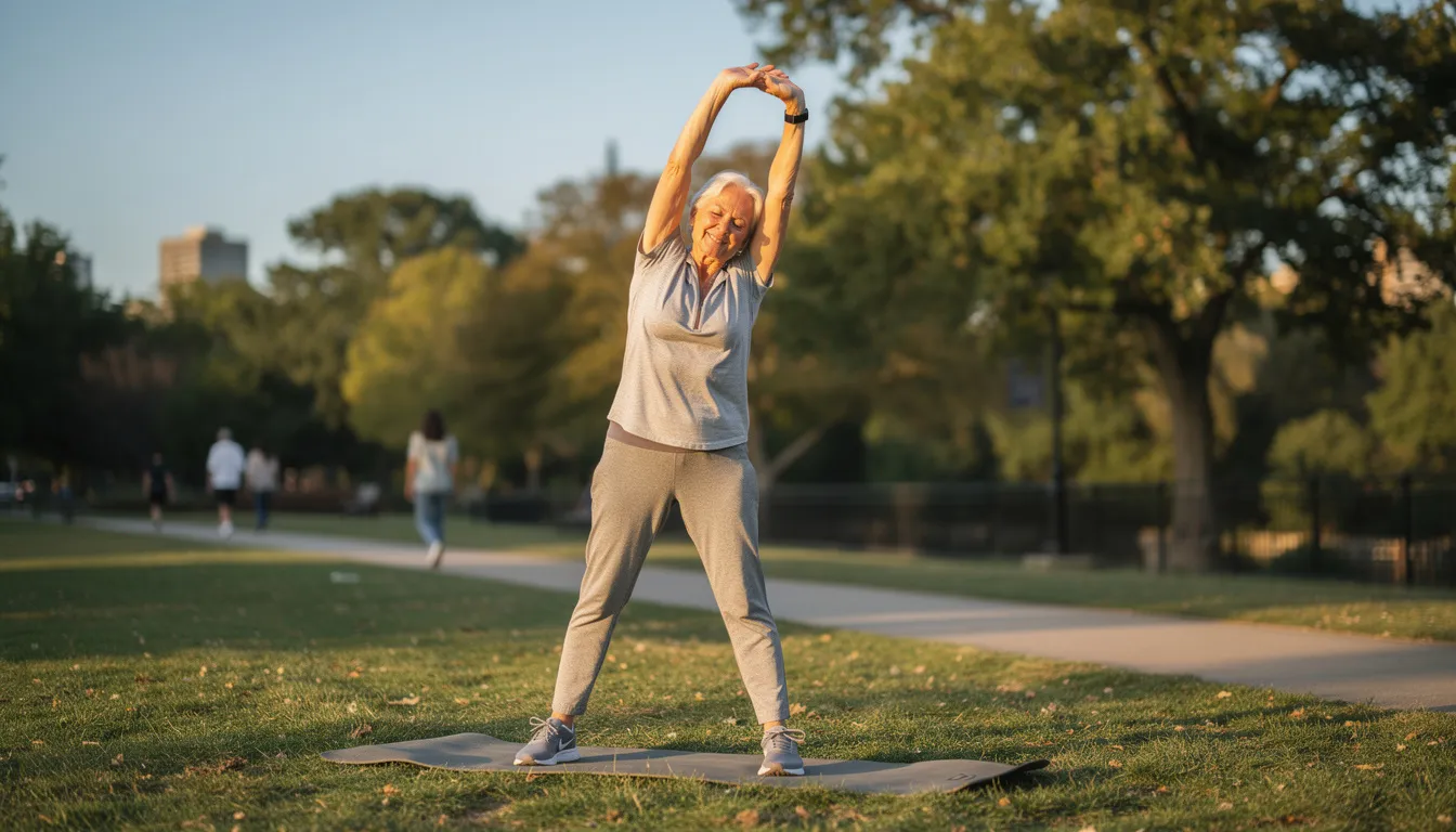 An older adult is practicing yoga in a peaceful park setting, surrounded by greenery, promoting both physical health and mental sharpness. Engaging in outdoor exercise like this can support brain health and may help prevent cognitive decline.