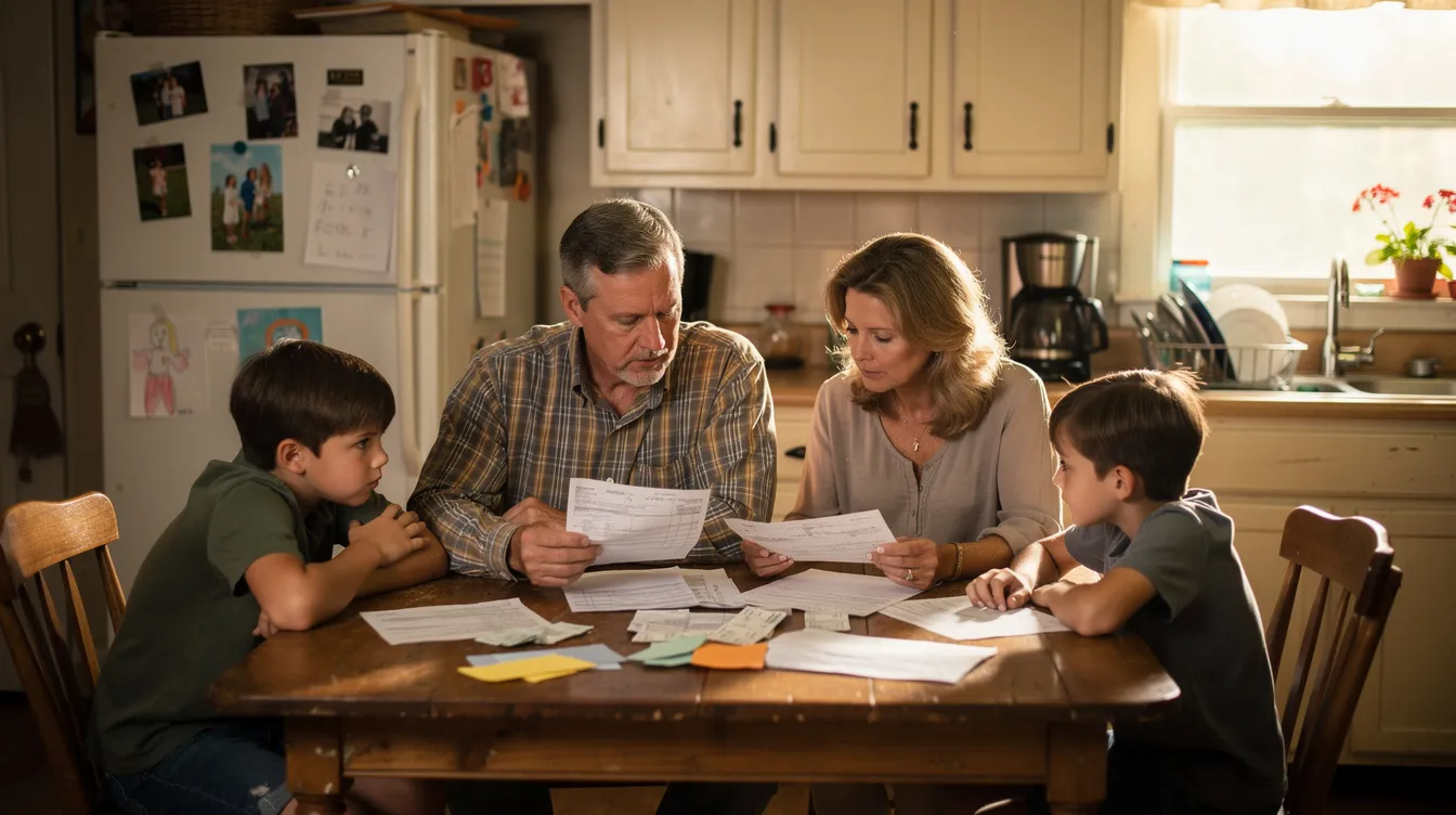 A family in Arkansas is gathered around a kitchen table, reviewing important papers related to estate planning and the probate process. They appear focused and engaged, likely discussing ways to avoid probate court and ensure the smooth transfer of property and assets according to their wishes.