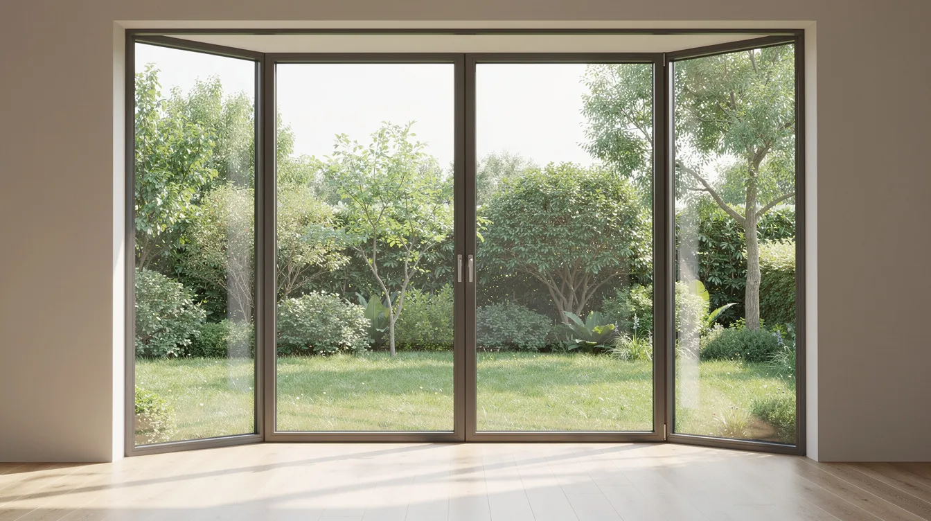 Une grande baie vitrée en aluminium moderne s'ouvre sur un jardin verdoyant, laissant entrer la lumière naturelle et offrant une vue sur la nature. Ce type de menuiserie, souvent réalisé par un menuisier à Rezé, apporte une touche contemporaine à l'habitation tout en optimisant l'isolation.