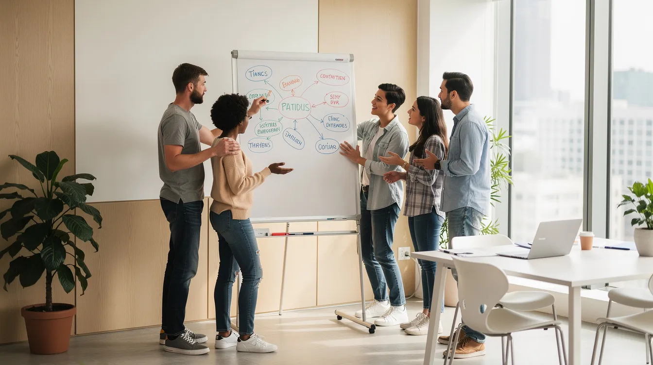 A small startup team is gathered around a whiteboard in a bright, modern office space, collaborating on project management strategies. The atmosphere is vibrant, reflecting the dynamic nature of business operations in a b2b saas environment, where effective team communication and cloud-based software solutions are key to their success.