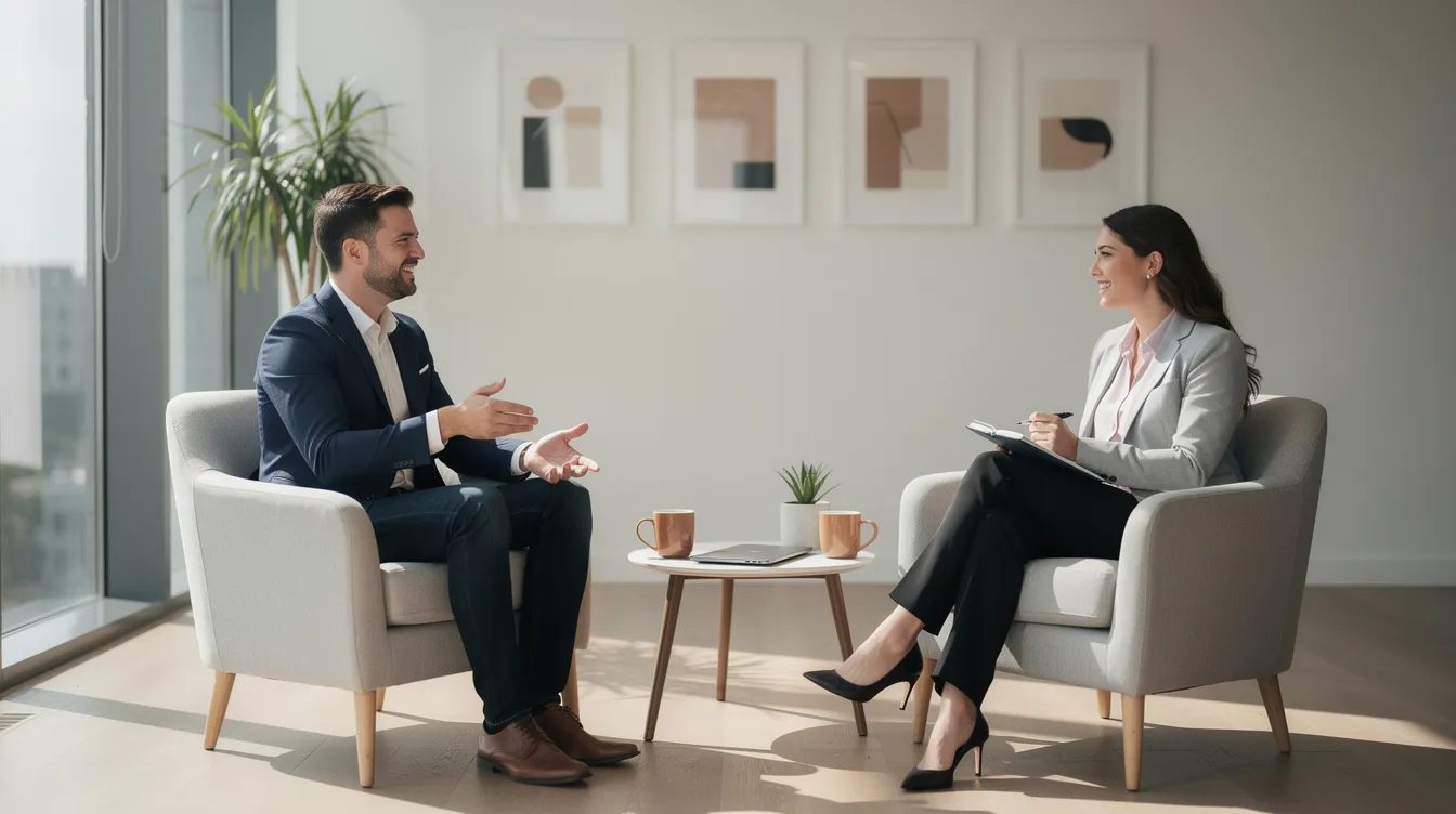 In a bright office, two professionals engage in a relaxed conversation, sharing ideas and insights that reflect mutual respect and a supportive mentorship relationship. This first meeting highlights the importance of finding the right mentor, as they discuss career challenges and personal growth.